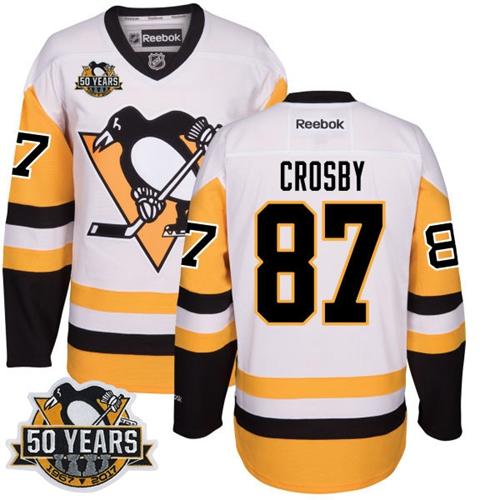 Penguins #87 Sidney Crosby White/Black CCM Throwback 50th Anniversary Stitched NHL Jersey - Click Image to Close